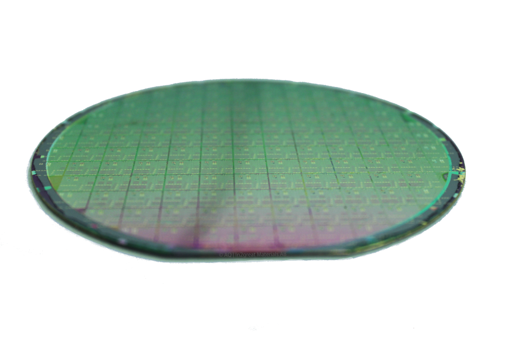Photograph of a silicon wafer with integrated 2D materials by In2great Materials AB 